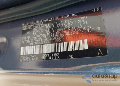 2006 Toyota Tundra Sr5 V8 from USA, damaged, VIN 5TBET34126S516666